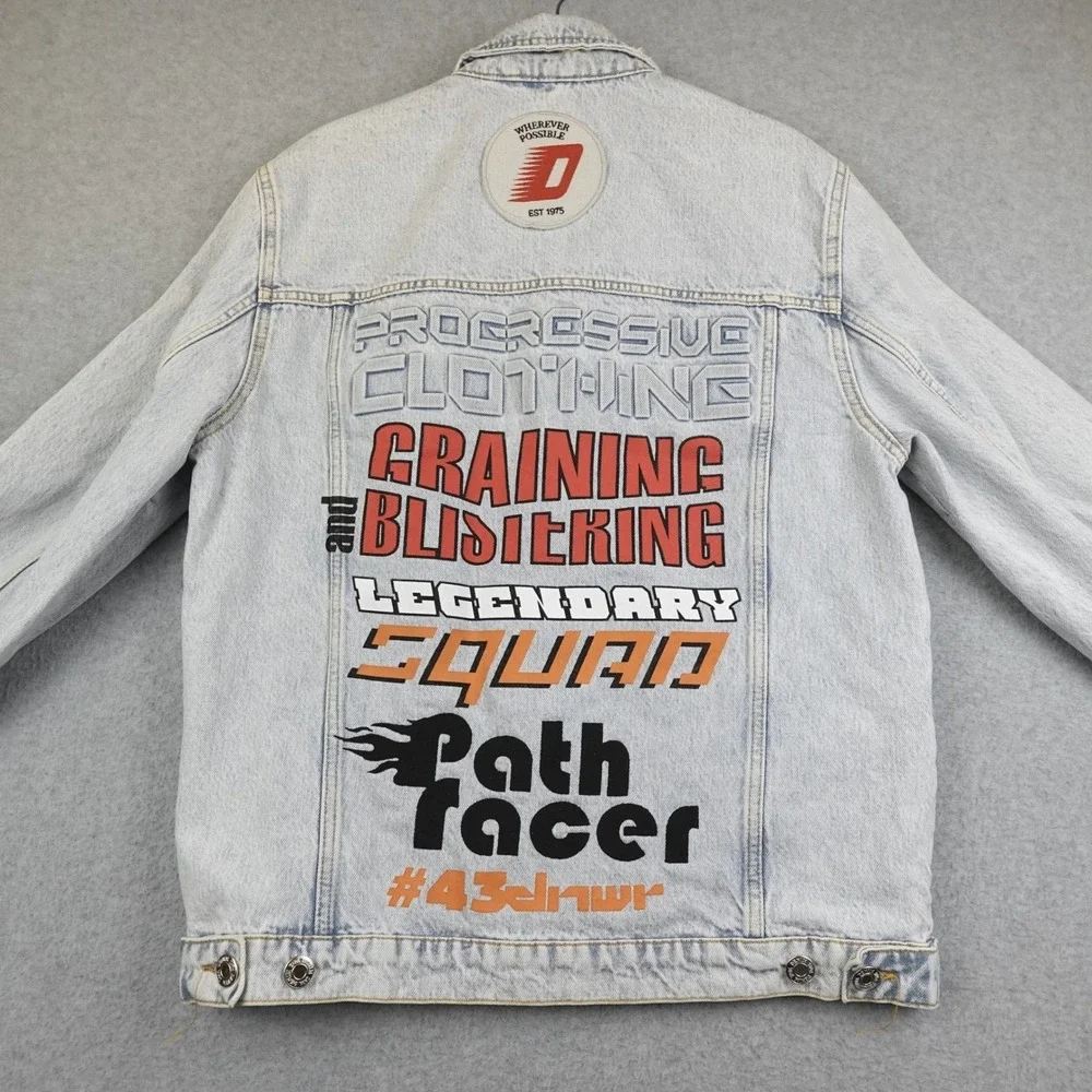 Zara Distressed Denim Jacket Mens Medium Graphic Patches Button Light Wash AOP